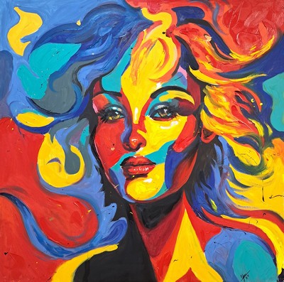 Yves-Marcel Münch, geb. 1994, zeitgenössischerKünstler aus Wiesloch, Frauenporträt, im Pop Art Stil, li. u. signiert, Ölfarbe und ...