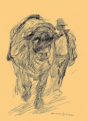 Otto Dill, 1884 Neustadt-1957 Bad Dürkheim, Tuschezeichnung, Bauer mit Ochse frontal, signiert, unter Glas gerahmt, 60x49 cm