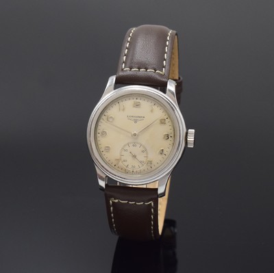 LONGINES verschraubte Armbanduhr Referenz 22662 in Stahl, Schweiz um 1944, Handaufzug, 2-tlg. Geh., silb. Zifferbl. pat., silb. arab. Zahlen, silb. ...