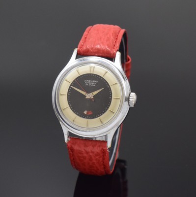 JUNGHANS Automatik Armbanduhr mit Gangreserveanzeige Kaliber 80/12, Deutschland um 1952, 2-tlg. verchr. Geh. m. verschr. Stahlboden, schwarzes ...