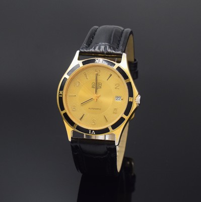 GUB Glashütte/Sa frühe Nach-Wende Armbanduhr im vergoldetem Stahlgehäuse, Deutschland/ Schweiz 1990er Jahre, Automatik, beids. vergl. Geh., Boden ...