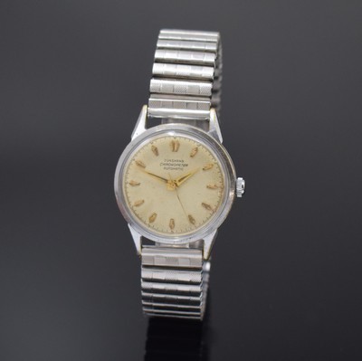 JUNGHANS Chronometer Kaliber 83 verchromte Herrenarmbanduhr, Deutschland um 1960, Automatik, Geh. m. aufgedr. Stahlboden, Flexband, silb. Zifferbl. ...
