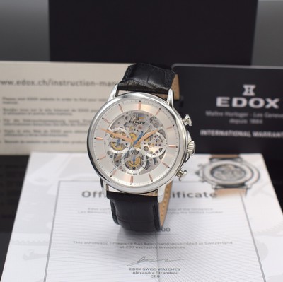 EDOX Les Bemonts C.R.-F. skelettierte und auf 200 Stück limitierter Armbandchronograph in Stahl, Schweiz um 2022, Automatik, orig. Lederband m. ...