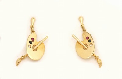 Paar 18 kt Gold Farbstein Ohrstecker, GG 750/000, "Farbpalette mit Pinsel", kl. rundfacett. Saphire, Rubine und Strasssteine, ca. 5.2 g, ...