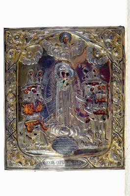 Ikone, Russland, 2. Hälfte 19. Jh., die Betrübte Gottesmutter, Tempera auf Holz, 84er Silberoklad reich reliefiert, ca. 31x26cm