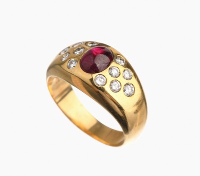 18 kt Gold Rubin Brillant Ring, GG 750/000,Rubin-Cabochon ca. 1.24 ct, 12 Brillanten zus.ca. 0.54 ct feines Weiß/si, RW 55, total ca. 10.5 g