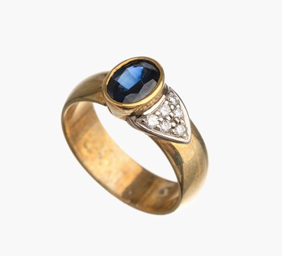 14 kt Gold Saphir Brillant Ring, GG/WG 585/000, ovalfacett. Saphir ca. 1.40 ct, seitl. inWG 6 Brillanten zus. ca. 0.20 ct feines Weiß/ vs, ca. 7.3 ...