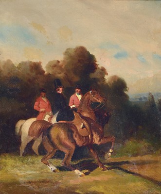 Französischer Künstler, Mitte 19. Jh., vornehme Gesellschaft beim Ausritt, Öl/Lwd, unsigniert, l. Altersspuren, ca. 40 x 35 cm, krakeliert, Rahmen