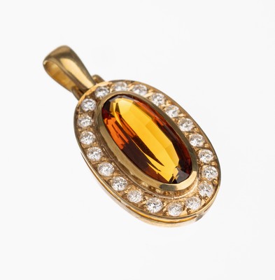 14 kt Gold Citrin Brillant Anhänger, GG 585/000, ovalfacett. Citrin ca. 3.20 ct, umgeben von 20 Brillanten zus. ca. 0.60 ct Weiß/si, ca. 4.3 g
