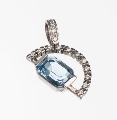 14 kt Gold Aquamarin Brillant Anhänger, WG 585/000, facett. Aquamarin ca. 1.80 ct, 15 Brillanten zus. ca. 0.15 ct Weiß/si, ca. 4.5 g, L. ca. 3 cm