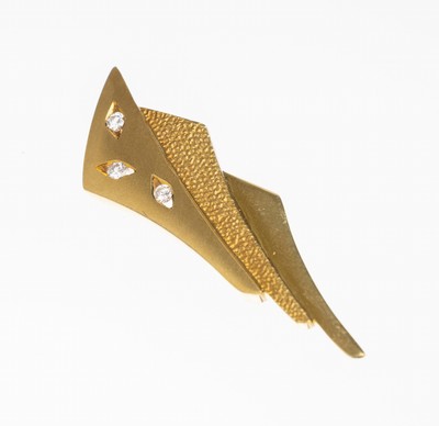 14 kt Gold Brillant Anhänger, GG 585/000, ausgefallene Form, sat., punz. und pol., Brillanten zus. ca. 0.15 ct Weiß/si, L. ca. 5 cm, ca. 12 g
