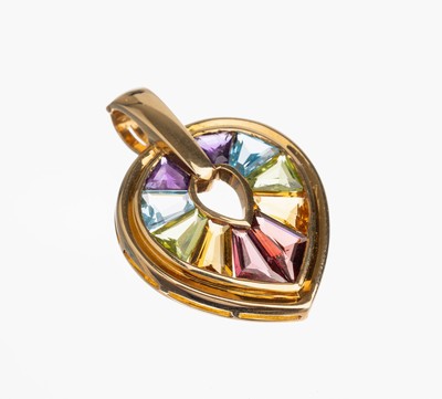 18 kt Gold Farbstein Anhänger, GG 750/000, facett. u.a. Amethyst, Peridot, Blautopas (beh.) zus. ca. 6.0 ct, ca. 8 g