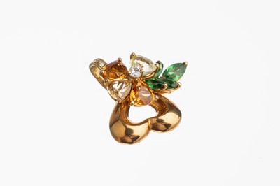 18 kt Gold Farbstein Brillant Anhänger, GG/RG 750/000, florale Gestaltung, bes. mit facett. Citrinen, Topasen und Tsavorith zus. ca. 3.00 ct, ct, 5 ...