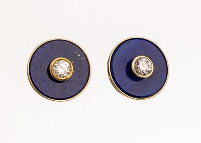 Paar 14 kt Gold Lapislazuli-Brillant- Ohrstecker, GG 585/000, runde Lapislazuli- platten, D. ca. 16.2 mm, 2 Brillanten zus. ca.0.70 ct Weiß/si, ...