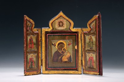 Ikone, Russland, 19. Jh., Triptychon, mittig herausnehmbar kleine Ikone mit Mutter Gottes und Jesuskind,li. Flügel Krieger Konstantin, Hl. Anna, re. ...