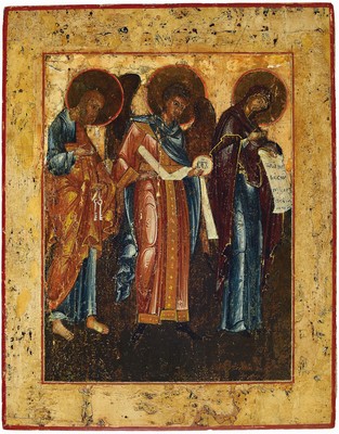 Grosse Ikone, Nordrussland, erste Hälfte 19. Jh., Gottesmutter aus der Deesisgruppe mit Erzengel Michael und Apostel Petrus,re. ist die ...