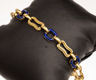18 kt Gold Email-Armband, GG 750/000, royalblau emaill., min. Fehlstellen, total ca. 20.3 g, L. ca. 19.5 cm, Kastenschloß mit Sicherheitsacht