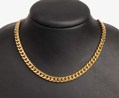 14 kt Gold Flachpanzerkette, GG 585/000, total ca. 49.1 g, L. ca 44 cm, Karabiner- schließe