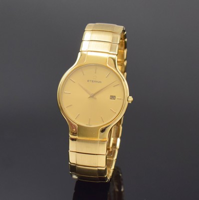 ETERNA vergoldete Armbanduhr, Schweiz um 1990, quarz, Geh. an verg. orig. Band m. dopp. Faltschl., Boden aufgedr., goldfarb. Strukturzifferbl. m. ...