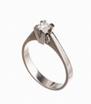 14 kt Gold Brillant-Ring, WG 585/000, Brillant ca. 0.20 ct feines Weiß/vs, total ca.4.2 g, Meistermarke unged., RW 56