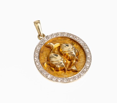 14 kt Gold Diamant-Anhänger "Fische", GG 585/000 (gepr.), Umrandung mit 8/8-Diamanten in rhod. Fassungen zus. ca. 0.15 ct Weiß/si, total ...