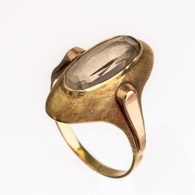 14 kt Gold Rauchquarz-Ring, GG/RG 585/000, ovalfacett. Rauchquarz, strukt. Ringkopf, RW 58, ca. 4.4 g