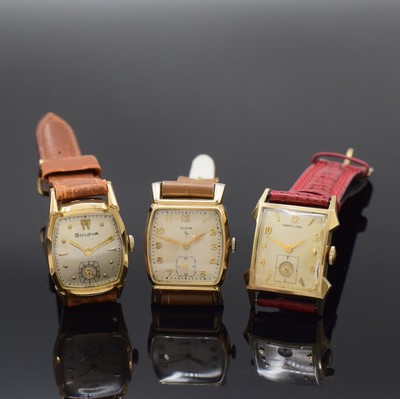 HAMILTON, ELGIN und BULOVA 3 Damenarmbanduhren, alle Handaufzug, Schweiz / USA um 1950/60, 1.) Hamilton 10k Gold Filled, silb. Zifferbl. m. aufgel. ...