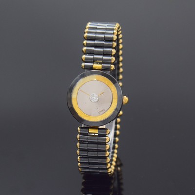 BUNZ Damenarmbanduhr in Keramik, Schweiz um 2010, quarz, verg. Boden 4-fach verschr., orig. Gliederband m. dopp. Faltschl., verspiegeltes Zifferbl. ...