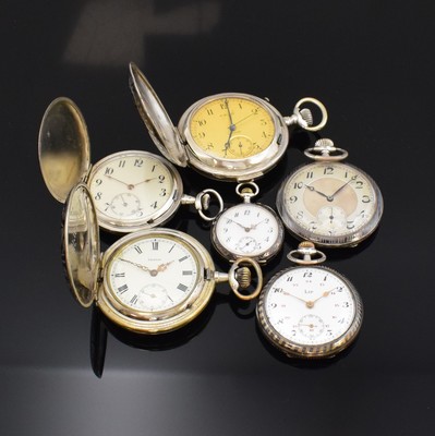 Konvolut: 5 Tulasilber-Taschenuhren und eine Nickel Email-Savonette, Schweiz/Frankreich um 1900/1920, 3 x offene Geh., verschiedene Motive, 1 x mit ...