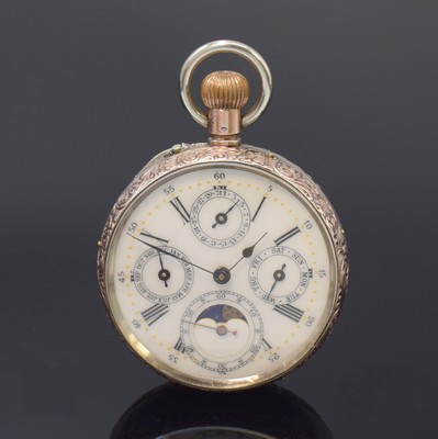 NAVAL Watch Co. Chaux de Fonds offene Kalendertaschenuhr mit Mondphase, Schweiz um 1890, guill. und graviertes Silbergeh. m. verg. Rändern, 2-teil. ...