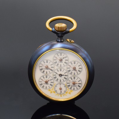 Offene Weltzeittaschenuhr, Schweiz um 1900, brüniertes Eisengehäuse nachtr. gebl., Emailzifferbl. m. Anz. v. 6 Zeitzonen einstellbar über ...