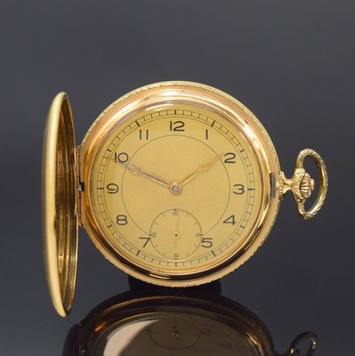 RECORD WATCH Co. Savonette in GG 585/000, Schweiz um 1925, guill. 2 Deckel Goldgeh., gold. Zifferbl. pat., Zeiger später, vers. Werk m. Genfer ...