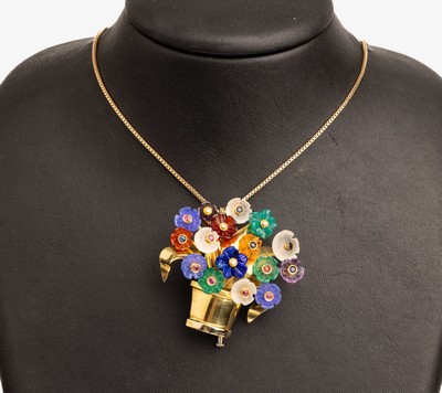 18 kt Gold Farbstein-Diamant-Brosche, "Blumenkorb", GG 750/000, facett. Blüten u.a. Bergkristall, Amethyst, Lapislazuli, Citrin und Jade, ...