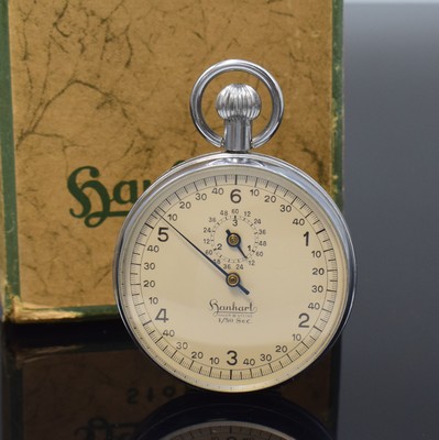 HANHART seltene 1/50-Sekunden-Stoppuhr in original Box, Deutschland um 1940, verchr. Scharniergeh., silb. Zifferbl., 1/50-Sek.- Zähler m. 6 Sekunden ...