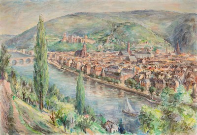 Ungedeuteter Künstler der 1970/80er-Jahre, Blick über Heidelberg, Großformat, Blick vom Philosophenweg auf Altstadt und Schloß, Öl/Lwd, rechts ...