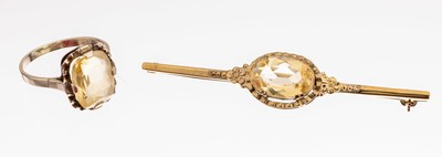 8 kt Gold Citrin-Schmuckset, deutsch 1930er Jahre, GG 333/000, best. aus: Brosche: ovalfacett. Citrin ca. 3.0 ct, L ca. 6 cm, Ring, ovalfacett. ...