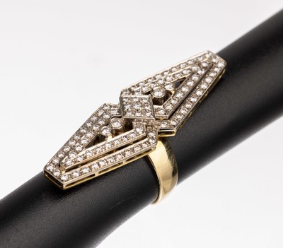 Extravaganter 14 kt Gold Brillant-Ring, GG/WG 585/000, im Art-Deco Stil, Schauseite WG, Millegriffverz., Brillanten zus. ca. 2.10 ctWeiß/si, RW 60, ...