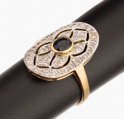 18 kt Gold Saphir-Diamant-Ring, GG/WG 750/000, rundfacett. Saphir ca. 0.20 ct, Diamanten zus. ca. 0.25 ct Weiß/si, im Art- Deco-Stil, ca. 3.0 g, RW ...
