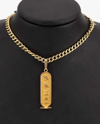 18 kt Gold Anhänger, GG 750/000, ägypt. Schriftzeichen, sat. und pol., an Kette GG 585/000, L. ca. 56 cm, Federringschließe