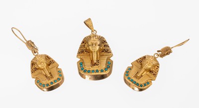 18 kt Gold Türkis-Schmuckset, ca. 17.5 g, "Tutenchamun", best. aus: Anhänger und Paar Ohrgehänge