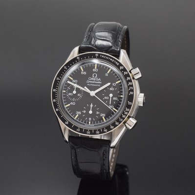 OMEGA Armbandchronograph Speedmaster Referenz 175.0032, Schweiz um 1990, Automatik, Edelstahlgeh., Boden aufgedr., neutr. Lederband m. orig. ...