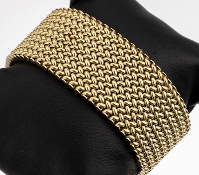 14 kt Gold Armband, ca. 63,6 g, GG 585/000,Flechtoptik, B. ca. 3.5 cm, L. ca. 20.5 cm, Kastenschloss mit 2 Sicherheitsachten