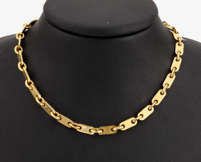 18 kt Gold Brillant-Collier, GG 750/000, große Karabinerschließe bes. mit 36 Brillantenzus. ca. 0.18 ct Weiß/p 1, ca. 64.1 g, L. ca. 61 cm