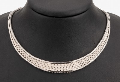 14 kt Gold Collier, ca. 44,6 g, WG 585/000,Mittelteil in Backsteinoptik, sat., L. ca. 42 cm, Kastenschloss mit Sicherheitsacht