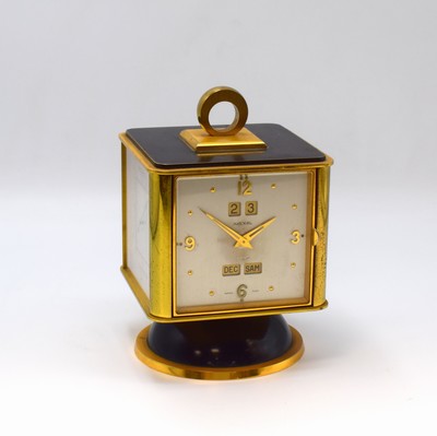 IMEXAL 4-Seitige Tischuhr mit Vollkalender, Hygrometer, Thermometer und Barometer, Schweiz um 1955, verg. Messinggeh., teilw. geschwärzt, drehbar ...