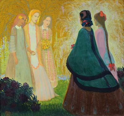 Paul Tanner, 1882 Herisau - 1934, Begrüßung, 1914, Gouache auf Papier, li. unten signiert und datiert, ca. 53 x 56.5 cm, mit Kaufbeleg von 1998 ...
