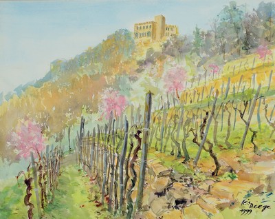 Heiner Deege, 1920-2007 Haßloch, Blick über Weinreben auf das Hambacher Schloß, Aquarell auf Papier, rechts unten signiert und dat. 1999, ca. ...