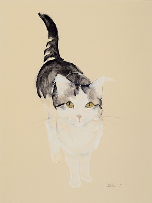 Dédé (Moser-Castelli, Carmen Dedee) Bellinizona 1936, stehende Katze, Gouache, signiert, ca. 32 x 32 cm