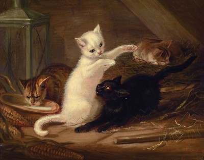 Sofie Görlich, 1855 Brünn - 1893, Schwester der Maria Görlich, Malschule Josef Zeleny München, hier spielende Katzen, signiert und dat. 1878, ...