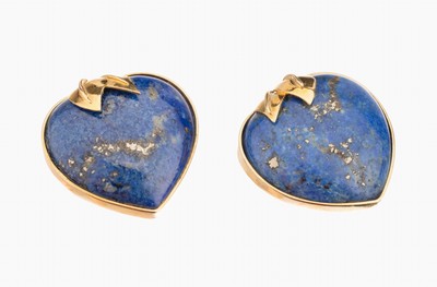 Paar 14 kt Gold Lapislazuli-Ohrclips, GG 585/000, Lapislazulicabochons in Herzform, aufgelegte Blätter, Meistermarke unged., ca. 19.8 g, L. ca. 2.2 ...